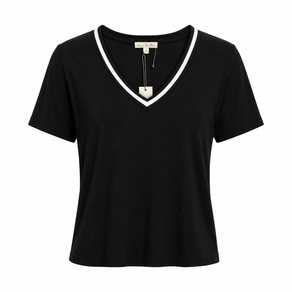 Nine Britton‎ Phoebe Short Sleeve V Neck Knit Top Black White Trim Size L NWT